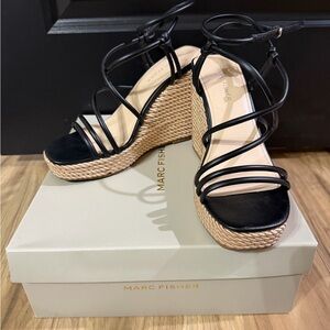 Marc Fisher Black and Tan Wedge Sandals